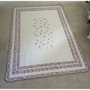 Albert Nipon Vintage Floral Tablecloth Scalloped Edge Pink Purple White Striped